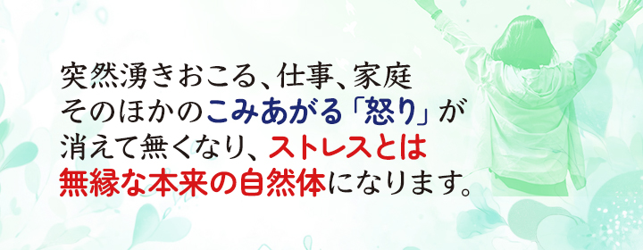 突然湧きおこる、仕事、家庭、そのほかのこみあがる「怒り」が消えて無くなり、ストレスとは無縁な本来の自然体になります。